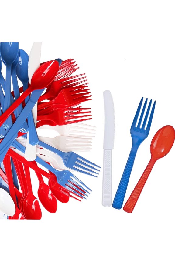 288Pcs USA Patriotic Decorative Cutlery Set in Red, White and Blue. Includes 96 Spoons, 96 Forks,96 Knives. Quality Materials, Safe for Parties, Picnics, 4th of July & other Social Events