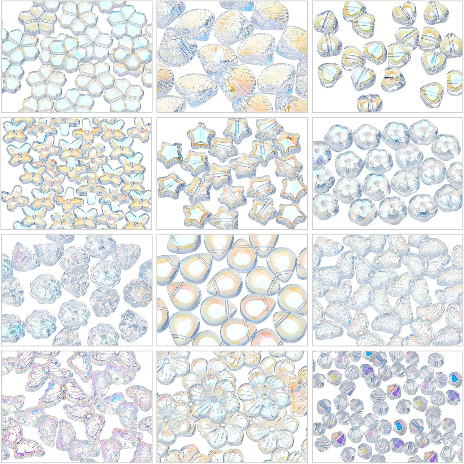 240 Pcs 12 Styles Glass Beads AB Color Plated Transparent Glass Charm Clover Flower Star Butterfly Glass Bicone Beads for DIY Earring Necklace Jewelry Crafts Making Colorful