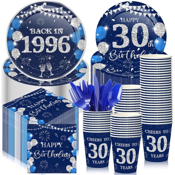 240 Pcs 30th Birthday Decorations 1996 Birthday Party Tableware Include Plates Napkins 9oz Cups Cutlery 30th Anniversary Party Supplies for Men Women Him Her, Serve 30 Guests (Blue Silver)