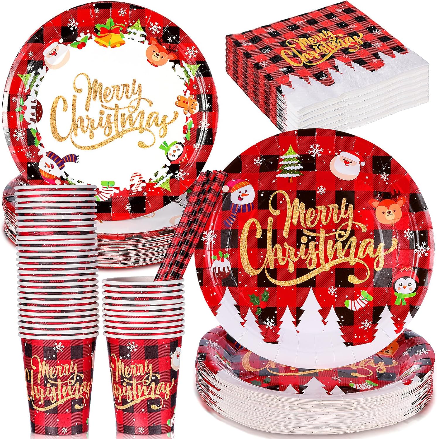 240 Pcs 48 Set Christmas Dinnerware Set Plaid Xmas Tree Disposable