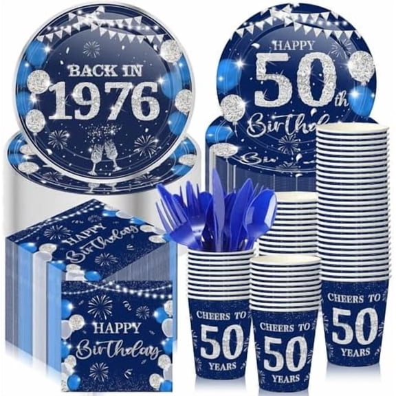 240 Pcs 50th Birthday Decorations 1976 Birthday Party Tableware Include Plates Napkins 9oz Cups Cutlery 50th Anniversary Party Supplies for Men Women Him Her, Serve 30 Guests (Blue Silver)