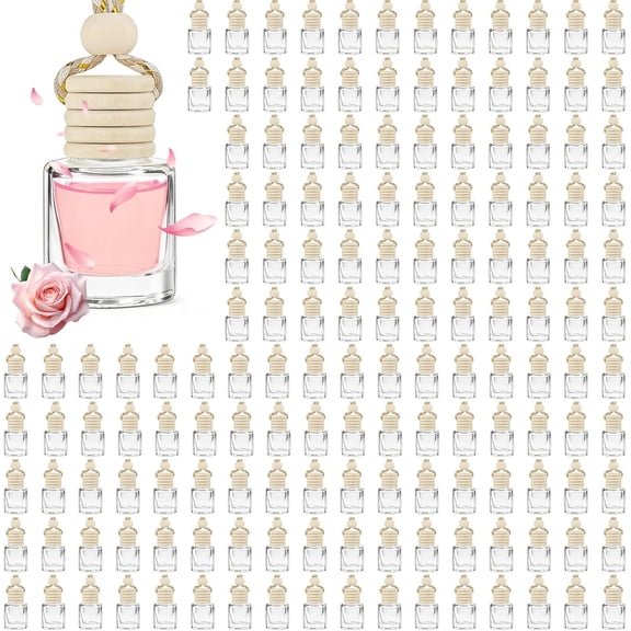 240 Pcs Empty Glass Car Diffuser Bottle Set, Hanging Essential Oil Pendants with Wooden Caps, Dropper and Funnel, DIY Fragrance Container for Car Decor
