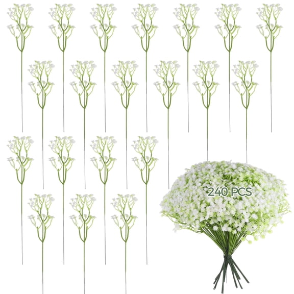 240 Pcs Fake Flowers Bulk, White Starry Flowers for Wedding Decoration, Artificial Flower Bouquets with Green Leaves No Maintenance, Sunlight Resistant