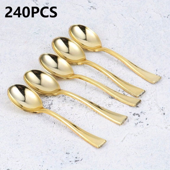 240 Pcs Gold Mini Forks and Spoons Set, 4 Inch Disposable Plastic Appetizer Utensils for Dessert Cups Tiny Foods, Heavy Duty Gold Tableware for Wedding Anniversary Graduation Party