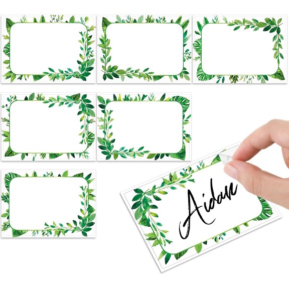 240 Pcs Greenery Name Tags Stickers Spring Green Leaves Border Tag Labels Party Name Tag Personalized Tags for Themed Party Office Home, 3.5 x 2.4, 6 Styles