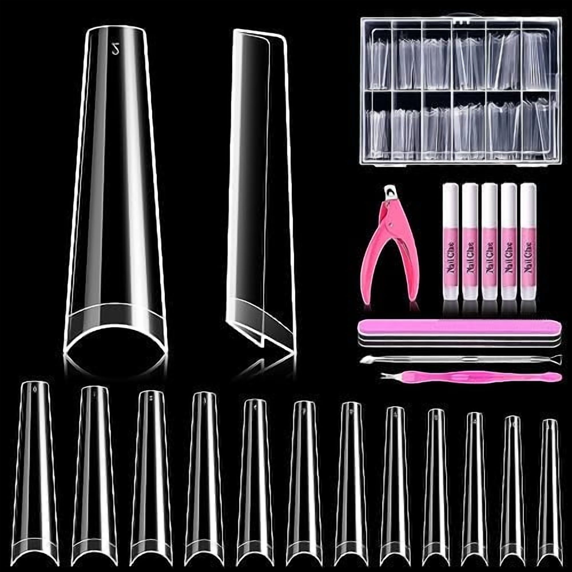 240 Pcs Half Cover Coffin Nail Tips Clear Acrylic Extra Long False Nail Tips with Glue, Clipper, Files and Cuticle Fork for Salons and Home DIY