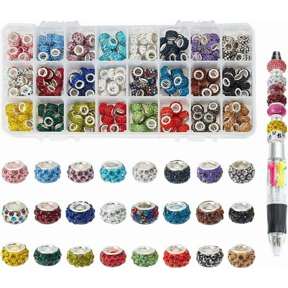 240 Pcs Large Hole Beads for Pens Focal Beads 10 mm European Beads for Beadable Pens Polymer Clay Spacer Beads Rhinestone Loose Beads for Snake Chain Bracelet Jewelry Making for DIY