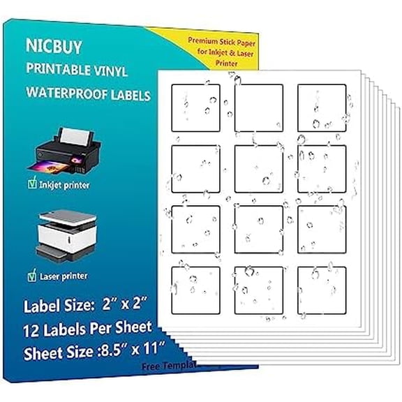 240 Pcs Square Labels 2x2 inch Printable Glossy White Waterproof Vinyl Sticker Labels for Inkjet or Laser Printer$$Office