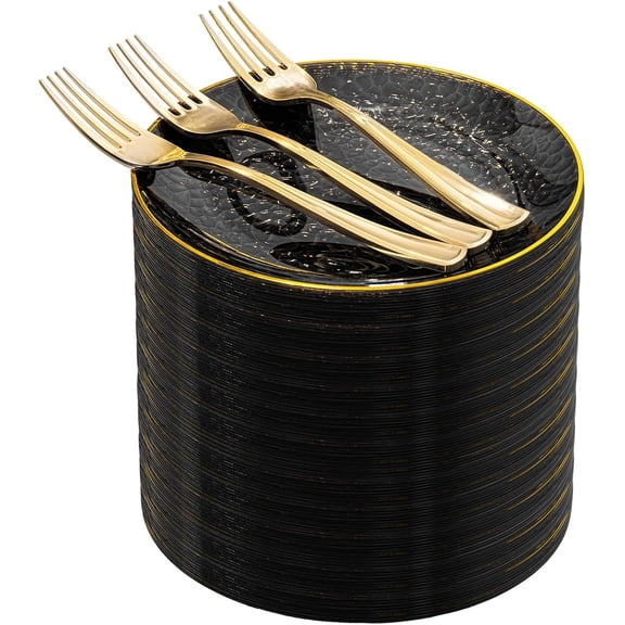 240-Piece Black Plastic Dessert Plate and Fork Set with Gold Accents