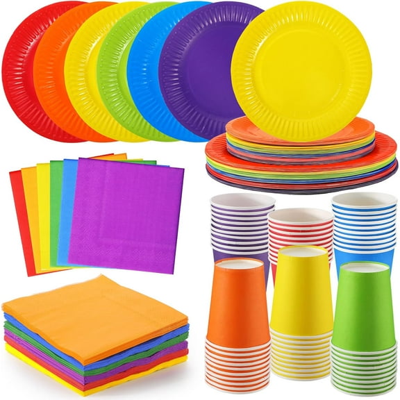 240-Piece Rainbow Disposable Tableware Set with 7-Inch and 9-Inch Plates, 9-Oz Cups, and Napkins in Bright Color