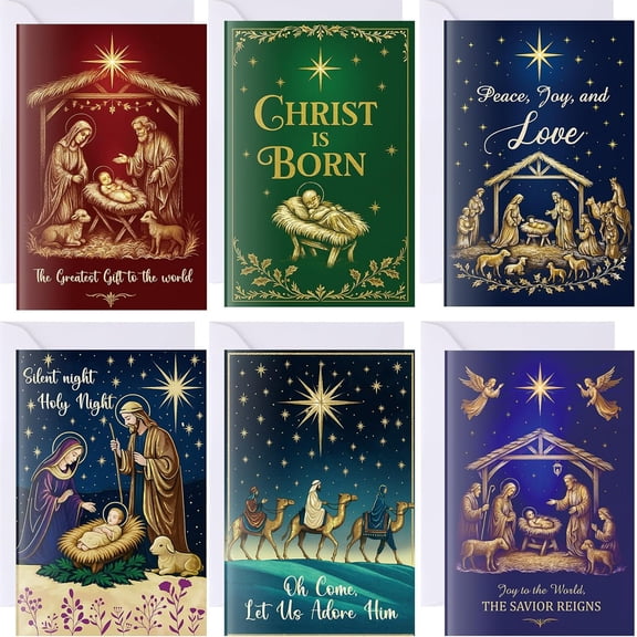 240 Set Christmas Cards 2025 Religious Christmas Greeting Cards Bulk with Envelopes Stickers 6 Designs Assortment 5.9 x 3.9 Inches Boxed Merry Xmas Holiday Festive Invitation Supplies