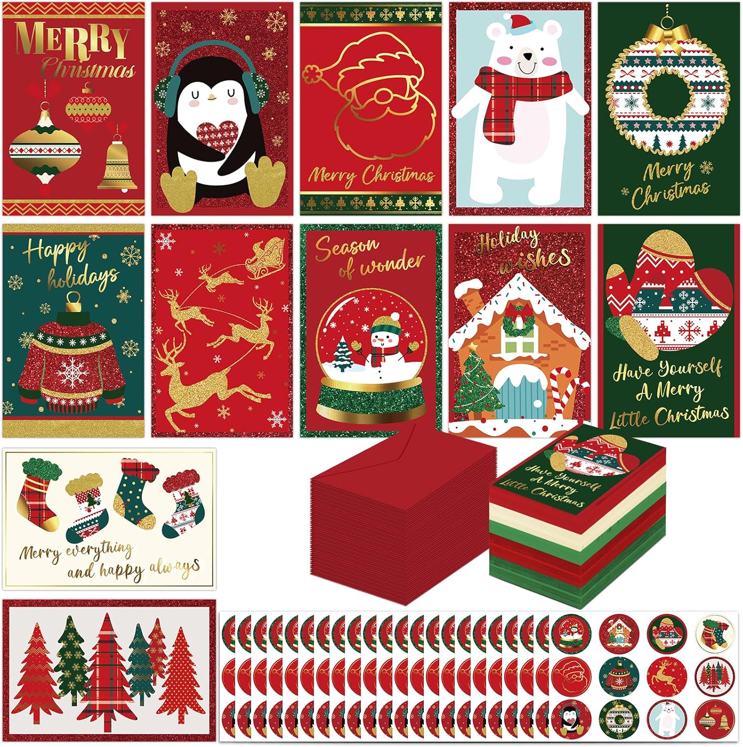 240 Sets Christmas Cards Bulk with Envelopes and Stickers Holiday ...