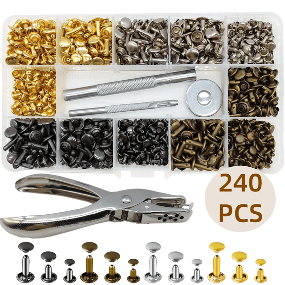 240 Sets Leather Rivets, Double Cap Rivets for Leather with 4 Pcs Setting Tools,Good for Leather Repair and Crafts