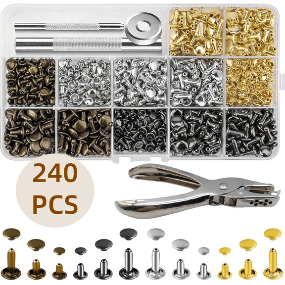 240 Sets Leather Rivets Kit, Double Cap Rivets with 4 Pcs Setting Tools for Leathercrafting Repair Decoration DIY Project, 4 Colors and 3 Sizes