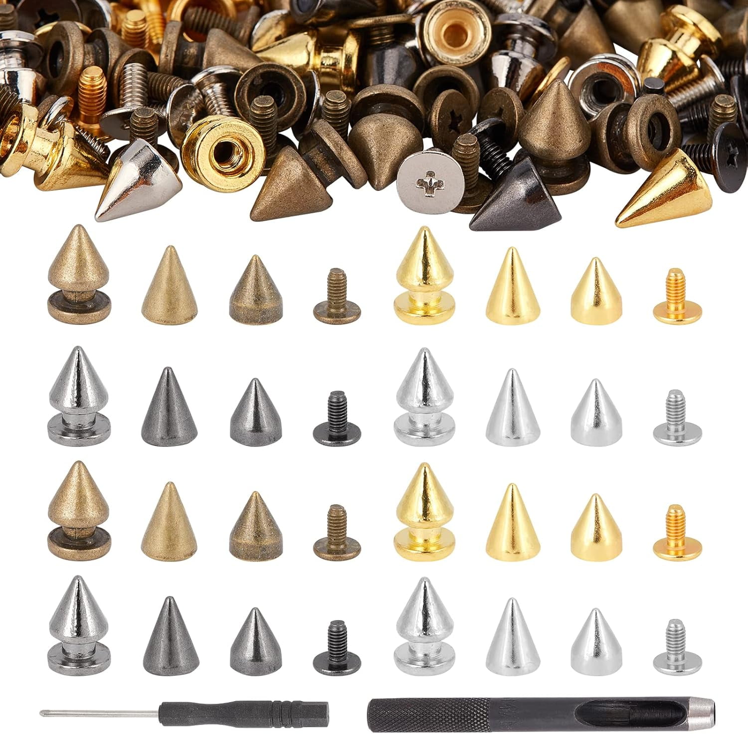 240 Sets Metal Cone Spikes Studs 4 Colors Punk Rock Rivets Leather Rivets Screwback Studs Screw with Install Tools 9mm 9.5mm 11.5mm for Clothing Shoes Leather Belts Bag Accessories Multi-color