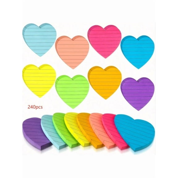 240 Sheets of Bright Colored Heart-Shaped Sticky Notes, Self-Adhesive with Lines, Cute Office Reminder Stickers