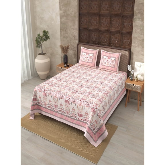 240 TC Cotton 100% Pure Cotton Artistic Modern Pink Cream Jaipuri 210 TC 90 x 108 Inch Double BedSheet with 2 Pillow Covers