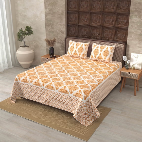 240 TC Cotton 100 % Pure Cotton Golden Color Zigzag Border Jaipuri 90 x 108 Inch Double BedSheet with 2 Pillow Covers