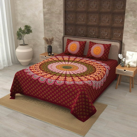 240 TC Cotton Crimson Red Mandala Bedsheet Tapestry Floral Print 100% Pure Cotton 90 x 108 Inch Double BedSheet with 2 Pillow Covers