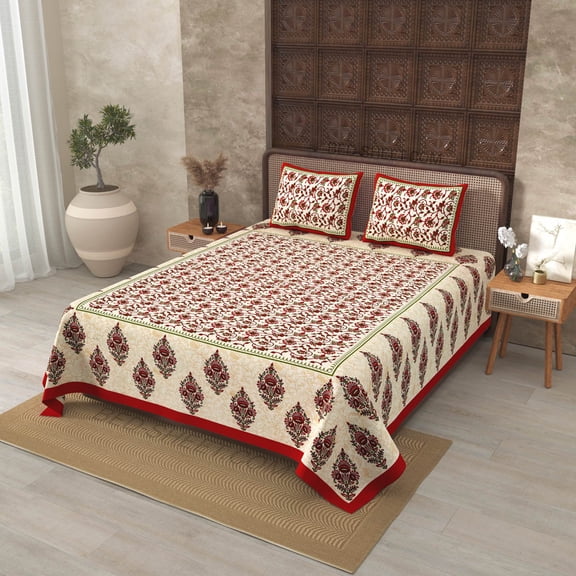 240 TC Cotton Maroon Border Tropical keri Design 100% Pure Cotton 90 x 108 Inch Double BedSheet with 2 Pillow Covers