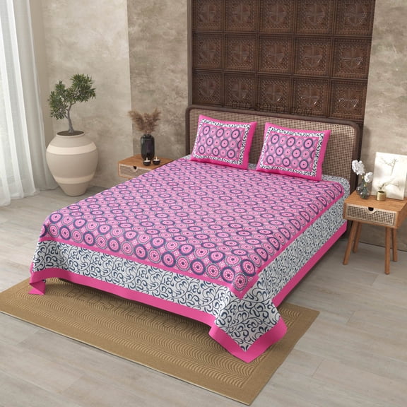 240 TC Cotton Pink Border White Base Circle Pattern Screen Print 100% Pure Cotton 90 x 108 Inch Double BedSheet with 2 Pillow Covers