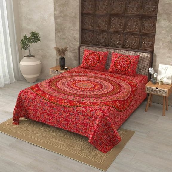 240 TC Cotton Ruby Red Mandala Bedsheet Tapestry Floral Print 100% Pure Cotton 90 x 108 Inch Double BedSheet with 2 Pillow Covers