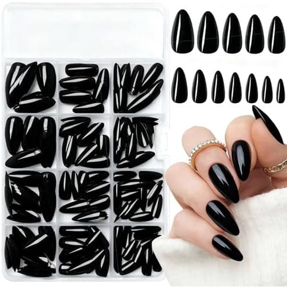 240 count Almond Press Nails Medium Black Tips Full Cover Glue Almond Nails Press ons Short Stiletto False Artificial Fingernail & Glue Adhesive Tabs for Women Girls