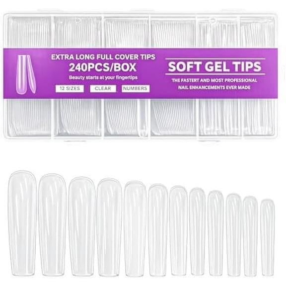 240 count Super-Long Square Soft Gel  Tips, Full Cover Pre-Shaped Straight Clear  Press-  Extensions with 12 Sizes for Salon &  DIY