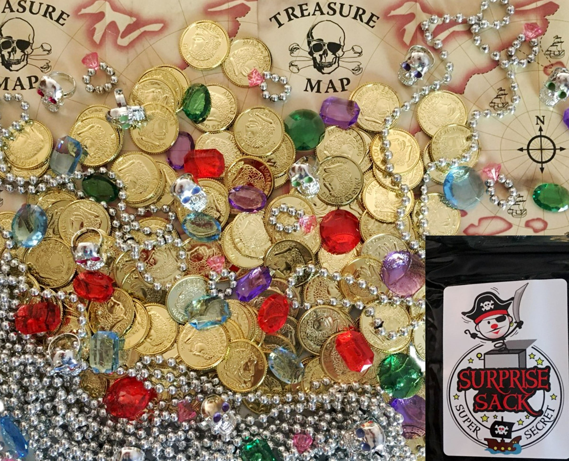 SUPER SECRET SURPRISE SACK 240 pc Pirate Loot Party Favor Pack Supplies (144 Pirate gold coins, 36 pirate jewels, 24 treasure maps, 12 pirate skull rings, & More) Pirate Birthday Party Supplies & Decorations