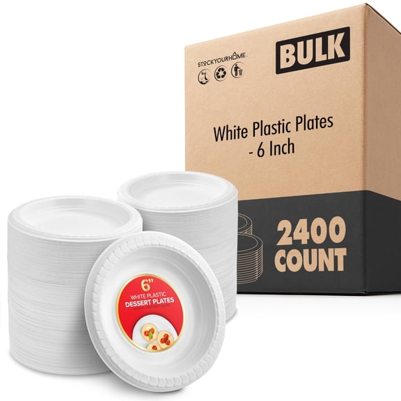 2400 Count Premium White Plastic Plates, 6 Inch Heavy Duty Disposable Dessert Plates for Weddings, Cocktail and Appetizer Plates, Stock Your Home