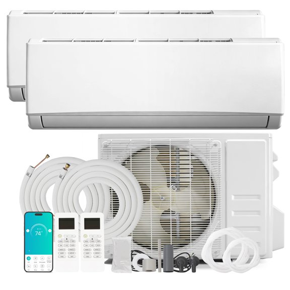 24000 BTU 20 SEER Wi-Fi Ductless Mini Split by PhiloDeco – 2-Zone 12000+12000 BTU Wall-Mounted Air Conditioning/Heating System, Pre-Charged Heat Pump with Dual 25-Foot Line Sets, 208-230V
