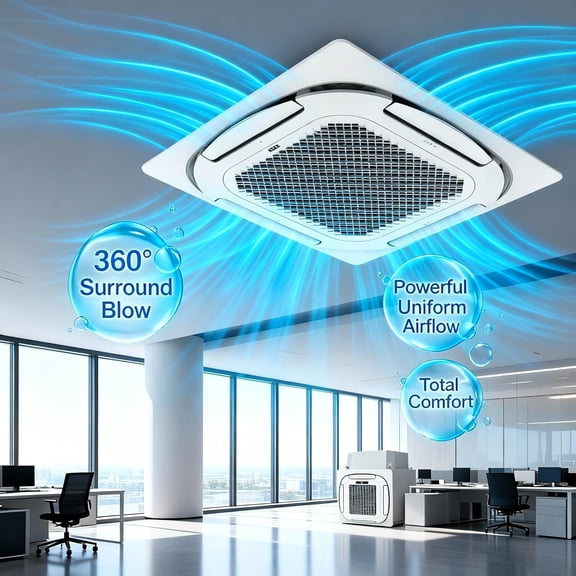 24000 BTU Ceiling Cassette AC and Heat Pump, 8 Way 360 Airflow Ductless System, Quiet Energy Efficient Recessed Unit with Remote and 25ft Install Kit, 208 230V for Home and Commercial Use