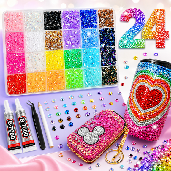 24000 Pcs Rhinestone Bedazzling Kit, 24 Color Flatback Gems with B-7000 Glue and Tools for Crafts, Nails, Shoes, Clothes and Phone Cases