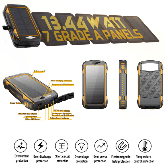 24000 mAh Solar Charger 7 Panels Detachable, Portable Solar Power Bank, with LED Light Flashlight, PD20W & QC18W Fast Charging Type C, Dual 5V USB Ports for Outdoor Camping Hiking P54 Waterproof