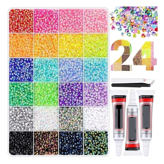 24000Pcs 24-Color 3mm Flatback Rhinestones Kit with Glue & Tools  for Bedazzling, Nail Art, Book Decor, DIY Craft Gifts