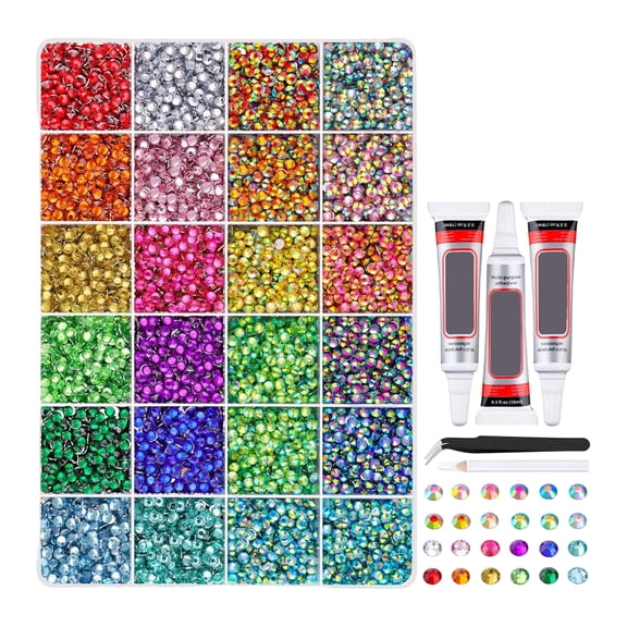 24000Pcs 24 Colors Rhinestone Nail Art Kit with Multi-Purpose Adhesive Glue, Tweezers & Picker Pen for Professional Manicure, Face Makeup, and DIY Crafts Decorations