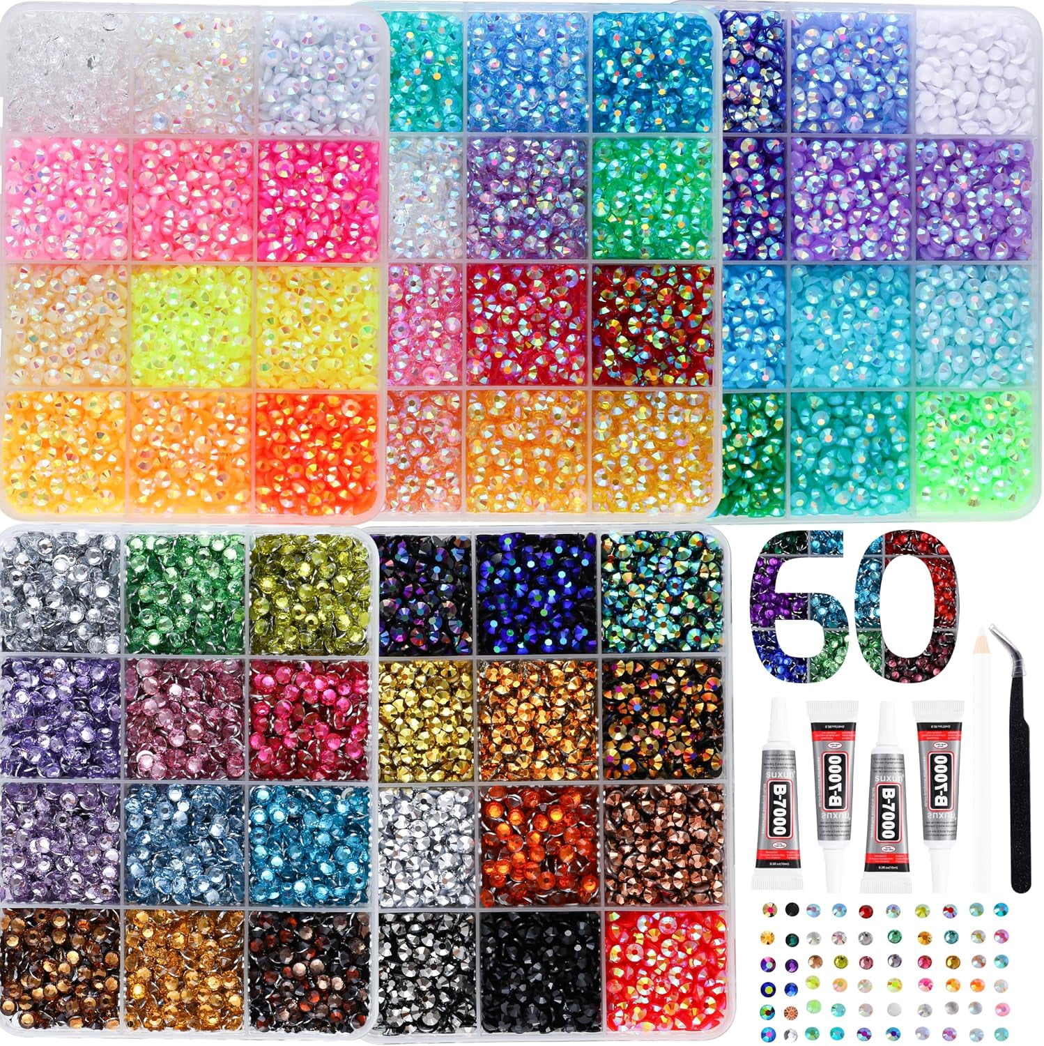 24000Pcs Bedazzling Kit for 60 Colors Rhinestones with 5 Box Diamond Art, 4mm Flatback Gems with 4×10ml B7000 Jewelry Glue Tweezers & Pickup Pen, Perfect for Nail Art, Crafting, Clothing