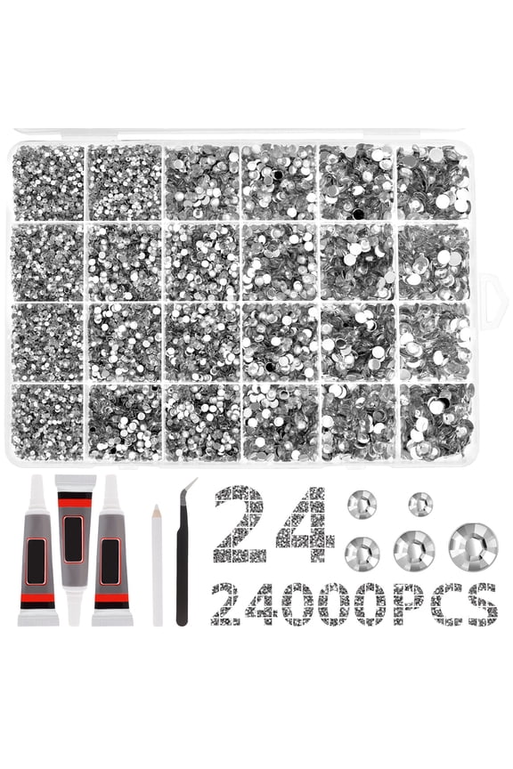 24000Pcs Jelly Rhinestones for Bedazzling, 2, 3, 4, 5, 6mm Multicolor Resin Flatback Gems for Diamond Art, Bedazzler Kit with 3Pcs 10ml B7000 Jewelry Glue for Crafting Book Shoes Nail Art(Silver)