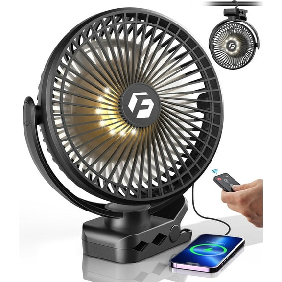 24000mAh Clip on Fan for Golf Cart - 8-inch Portable Rechargeable Fans - Max Up to 150Hrs Work Time - Battery Operated Fan with LED, Remote, Timers, Hook for Office, Desk, Camping, Tent, Treadmill