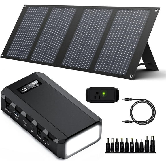 24000mAh Portable Power Bank with 30W Foldable Solar Panel, AC Outlet & 65W Fast Laptop Charger