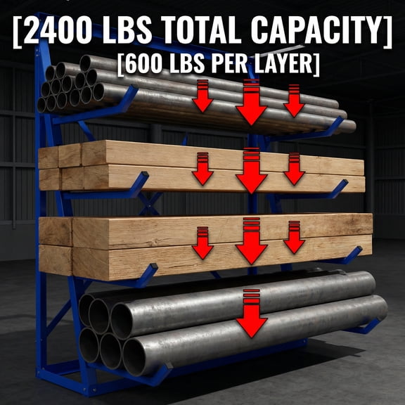 2400LBS Capacity Rustproof 4-Tier Lumber Storage Rack, Heavy Duty Adjustable Alloy Steel Pipe Shelf, Freestanding Organizer for Construction Materials Storage