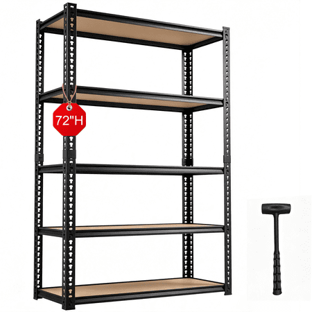 5-Tier Heavy Duty Metal Storage Shelving Unit, 2400 LBS Metal Rack Garage Shelving, Adjustable Storage Rack for Garage, Warehouse, Pantry & Workshop, 72" H x 35" W x 12" D, Black