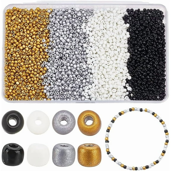 2400Pcs 4mm Bulk Glass Seed Beads for Jewelry Making 4 Colors 6/0 Mini Pony Beads Gold Silver Black White Opaque Color Spacer Beads for DIY Art Crafts Waist Bracelets Necklaces Earrings Making