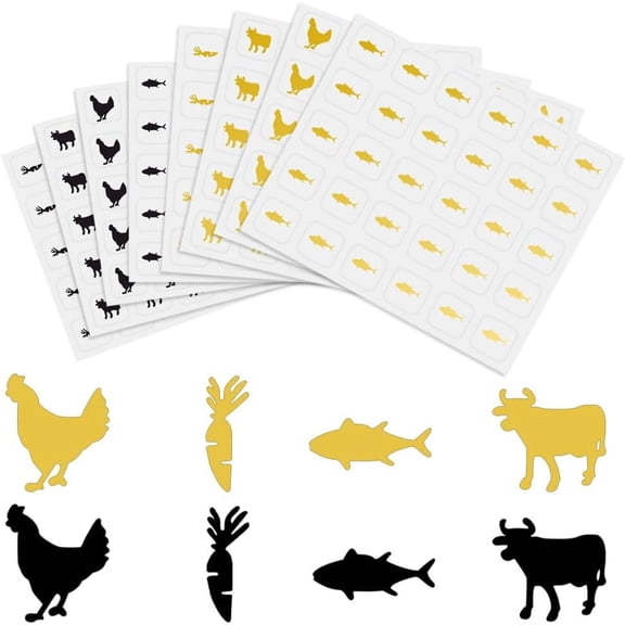2400Pcs/80 Sheets Black/Gold Wedding Meal Stickers for Place Cards 0.4 Inch Carrot Chicken Cow Fish Wedding Meal Choice Sticker Food Choice Sticker Place Card Menu Sticker for Party Supplies DIY