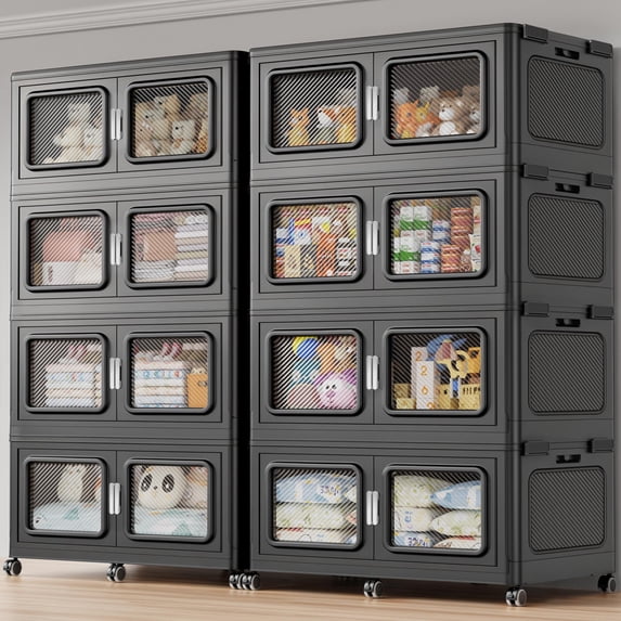 2400QT Extra Large Stackable Storage Bins with Lid, 600Gal Collapsible Closet Organizer and Storage Drawers with Wheels, Plastic Storage Box, 8Packs, Black