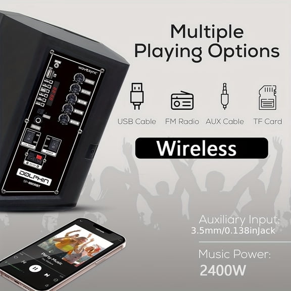 2400W 8'' Portable Party Wireless Speaker Loud & Crisp Sound with Tiltable Function Colorful LED Lights, USB, TF, FM, AUX Modes