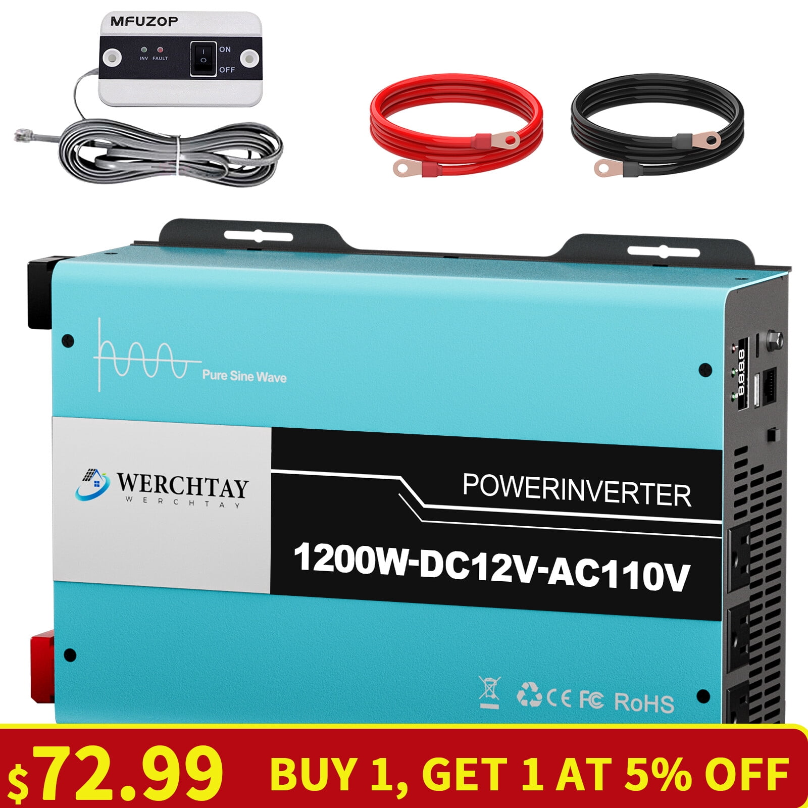 2400W Pure Sine Wave Power Inverter Charger 12V DC to110V AC Converter LCDRemote