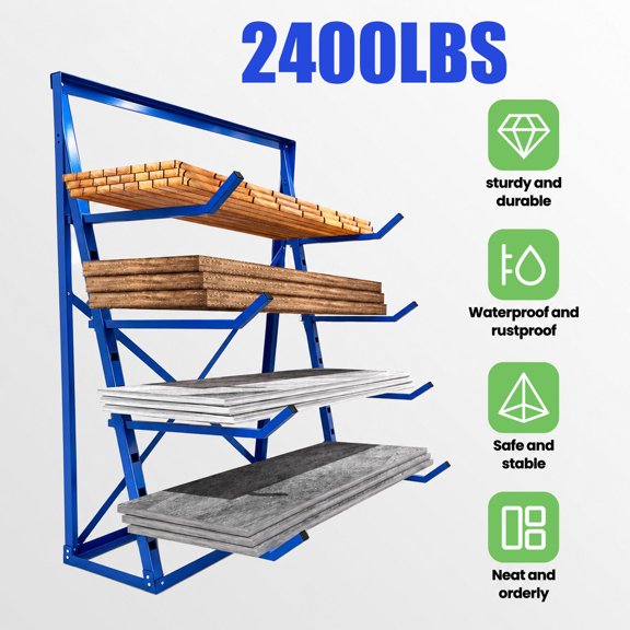 2400lbs Load Capacity Lumber Storage Rack,4 Tier Alloy Steel Horizontal Storage Rack with Adjustable Arms, Heavy Duty Cantilever Organizer Shelf for Garage Warehouse, Blue