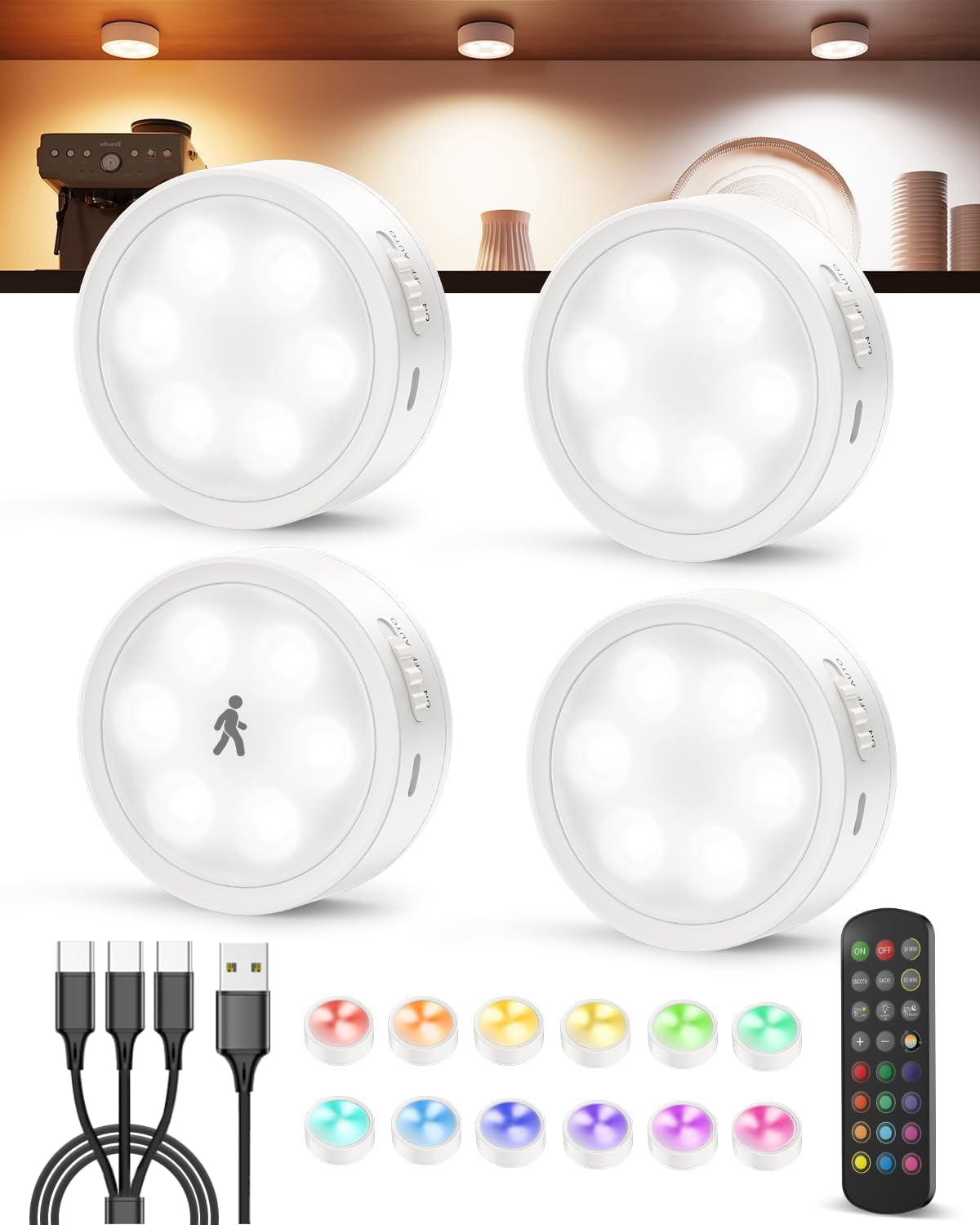 2400mAh Rechargeable Puck Lights with Remote 4 Pack, Radar Motion Sensor Under Cabinet Lighting, 13 RGB & 3 Color Dimmable Stick On Closet Lights with Timer, Magnetic Under Counter Light for Kitchen