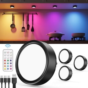 2400mAh USB Rechargeable Puck Lights with Remote Control, Black RGB Battery Operated Tap Light Stick on Push LED Under Cabinet Lighting Wireless Magnetic For Kitchen Counter Shelf Closett
